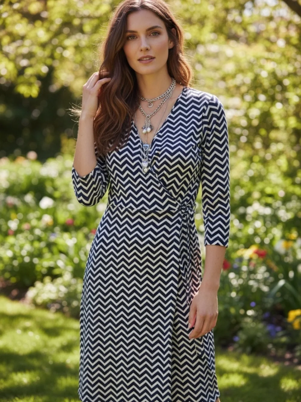 Talbots Navy/White Chevron V-Neck Wrap Dress 3/4|Size L